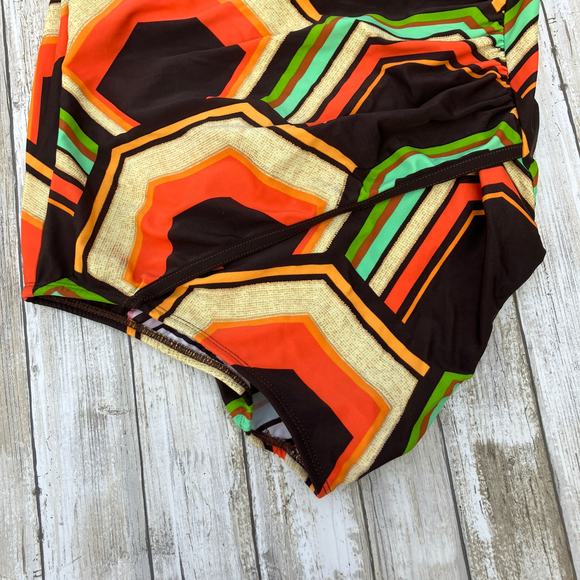 Tara Grinna Swimsuit Sz 14 One Piece Faux Wrap Brown Orange Retro Geometric - Picture 4 of 15